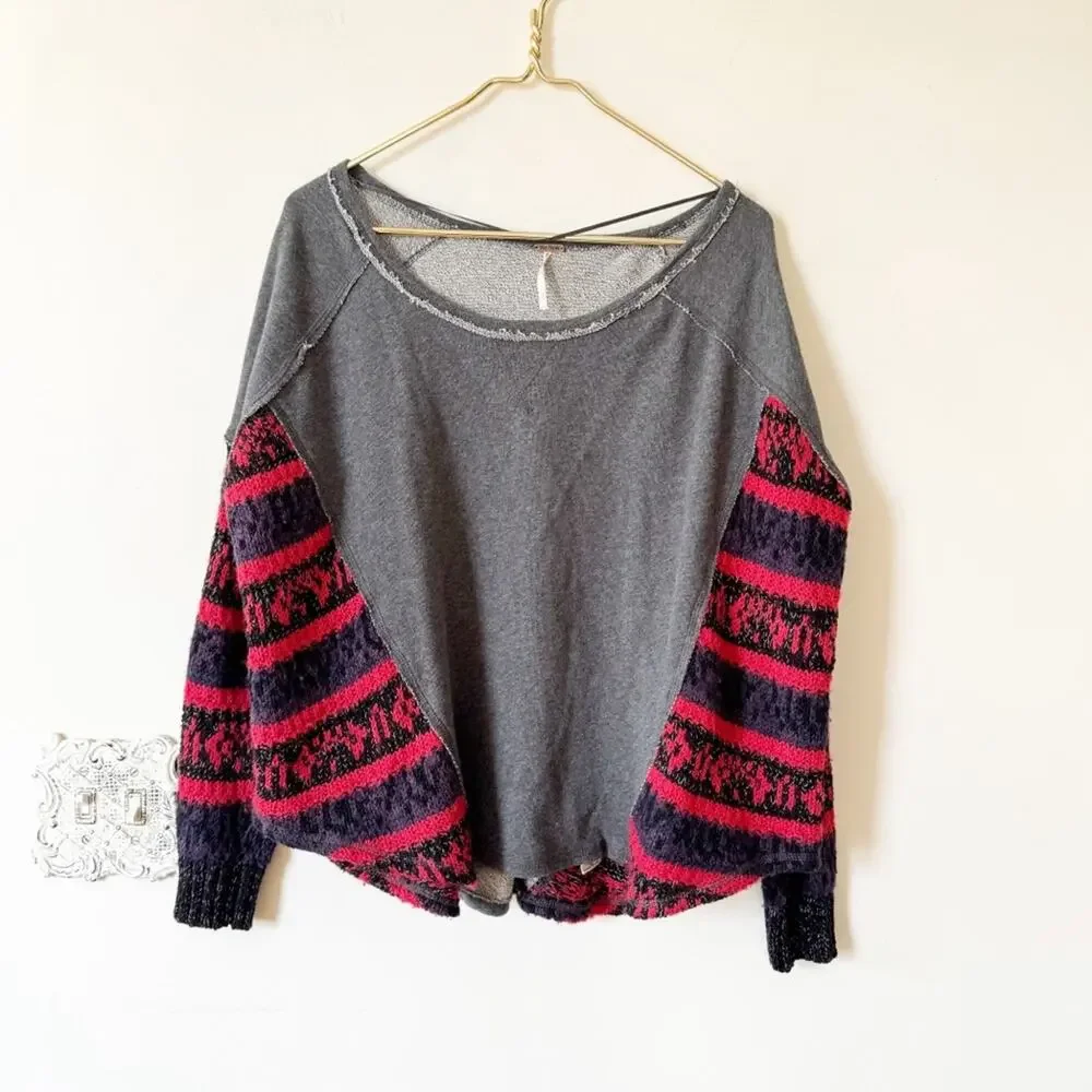 Free People Sinner Sweater Knit Sleeve Gray Sweatshirt S